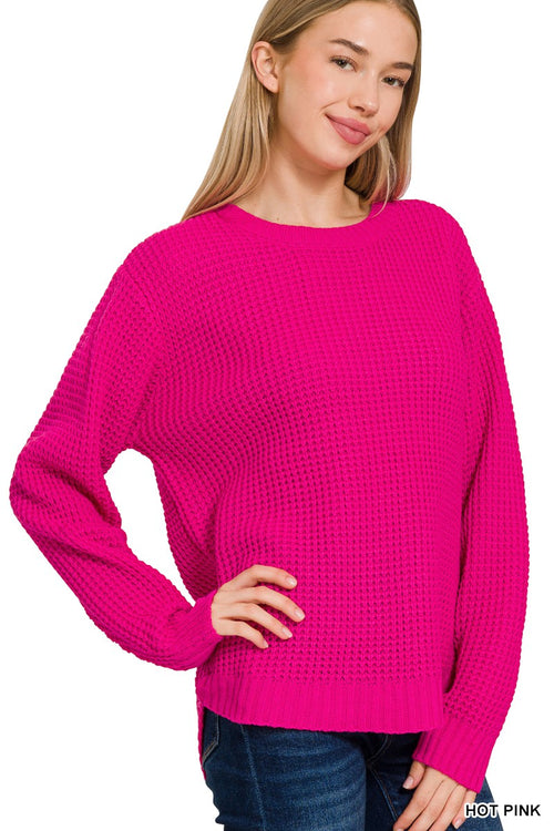 Hi-Low Waffle Sweater - Hot Pink
