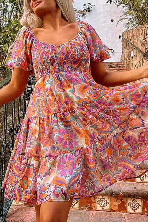 Wrenlee ~ Boho Print Smocked Ruffled Puff Sleeve Mini Dress