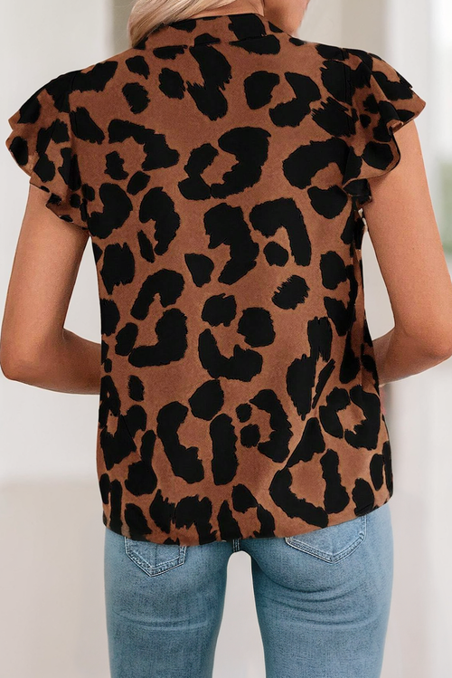Shirley ~ Leopard Ruffled Flutter Sleeve Split Neck Blouse