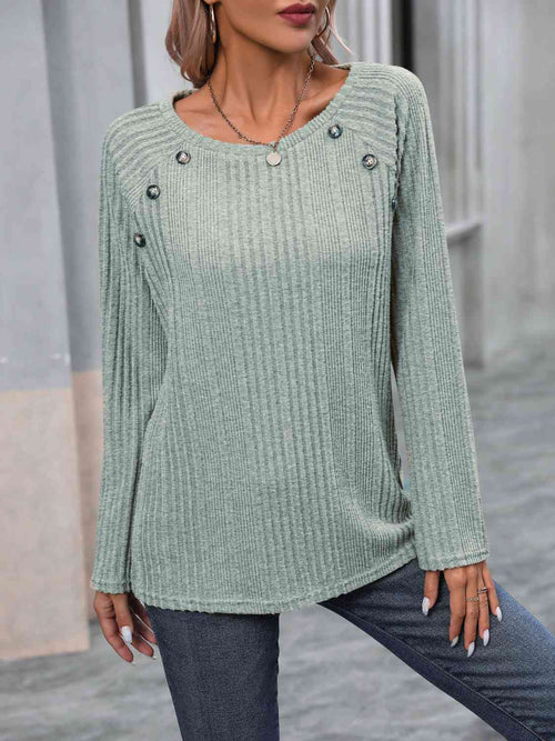 Ribbed Buttoned Round Neck Long Sleeve T-Shirt - DEAL OF THE DAY!