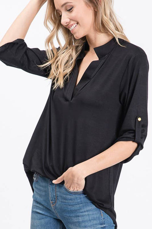 Gabby ~ Roll Up Button Sleeve Color Top - Black