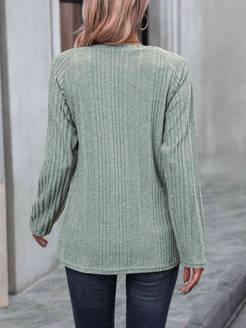 Ribbed Buttoned Round Neck Long Sleeve T-Shirt - DEAL OF THE DAY!