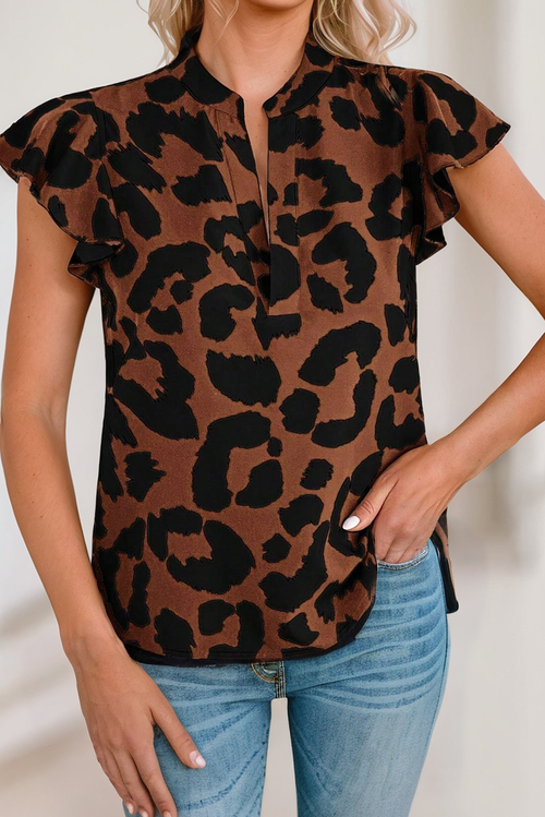 Shirley ~ Leopard Ruffled Flutter Sleeve Split Neck Blouse