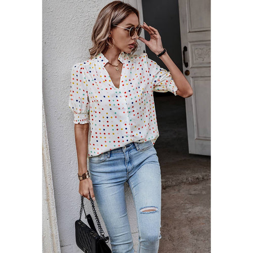 Leslie ~ Polka Dot Print Puff Sleeve Button Shirt