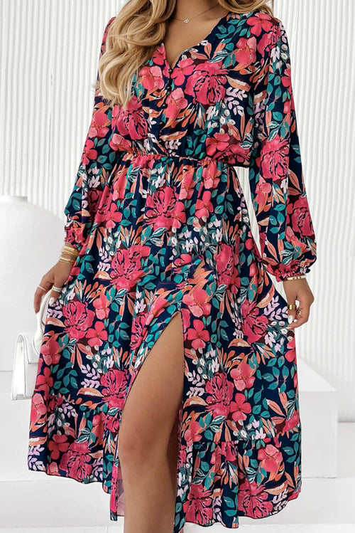 Floral V-Neck Slit Midi Dress