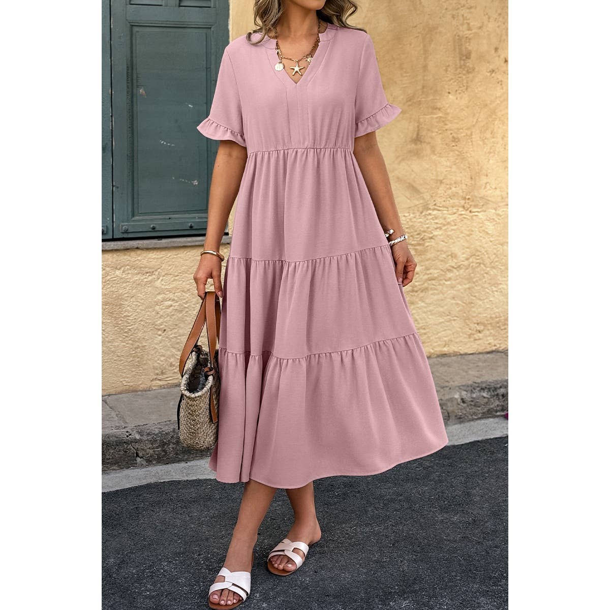 Solid V Neck A Line Ruffle Hem Pleated Dress – Small Town Trendz
