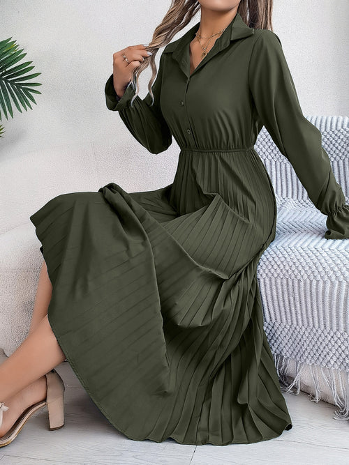 Pleated Half Button Long Sleeve Midi Dress ~ Online Only