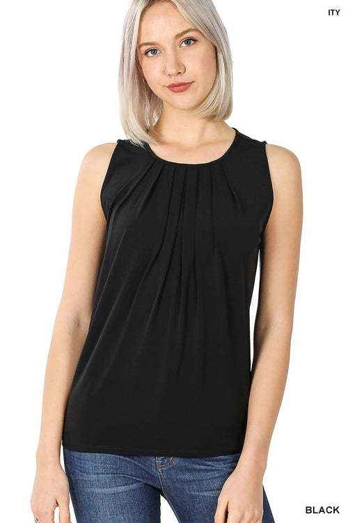 Maria ~ Sleeveless Pleated Front Top - Black