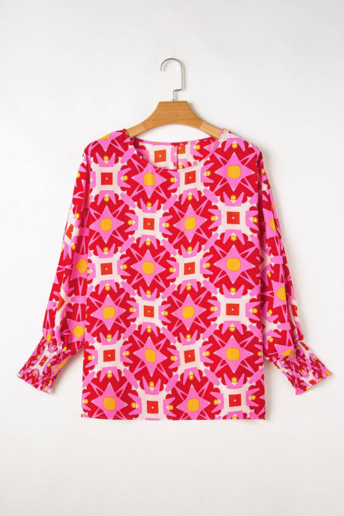 Geometric Shirred 3/4 Sleeve Blouse