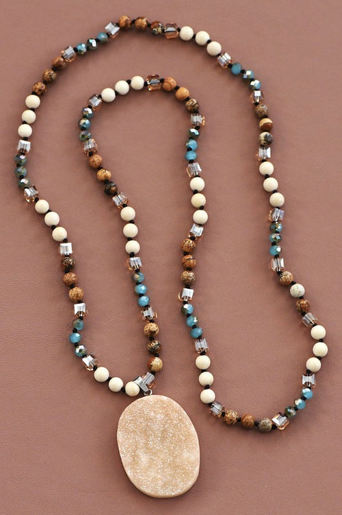 Natural Stone Bead Necklace with Druzy Pendant