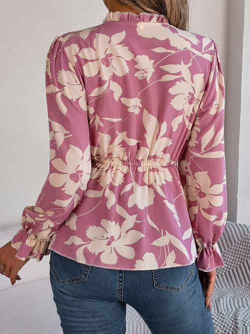 Printed Tie Neck Flounce Sleeve Blouse ~ Online Only