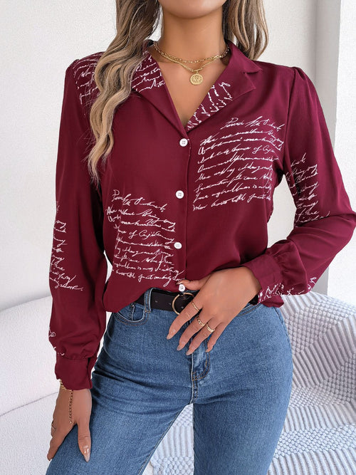 Letter Printed Button Up Long Sleeve Blouse ~ Online Only