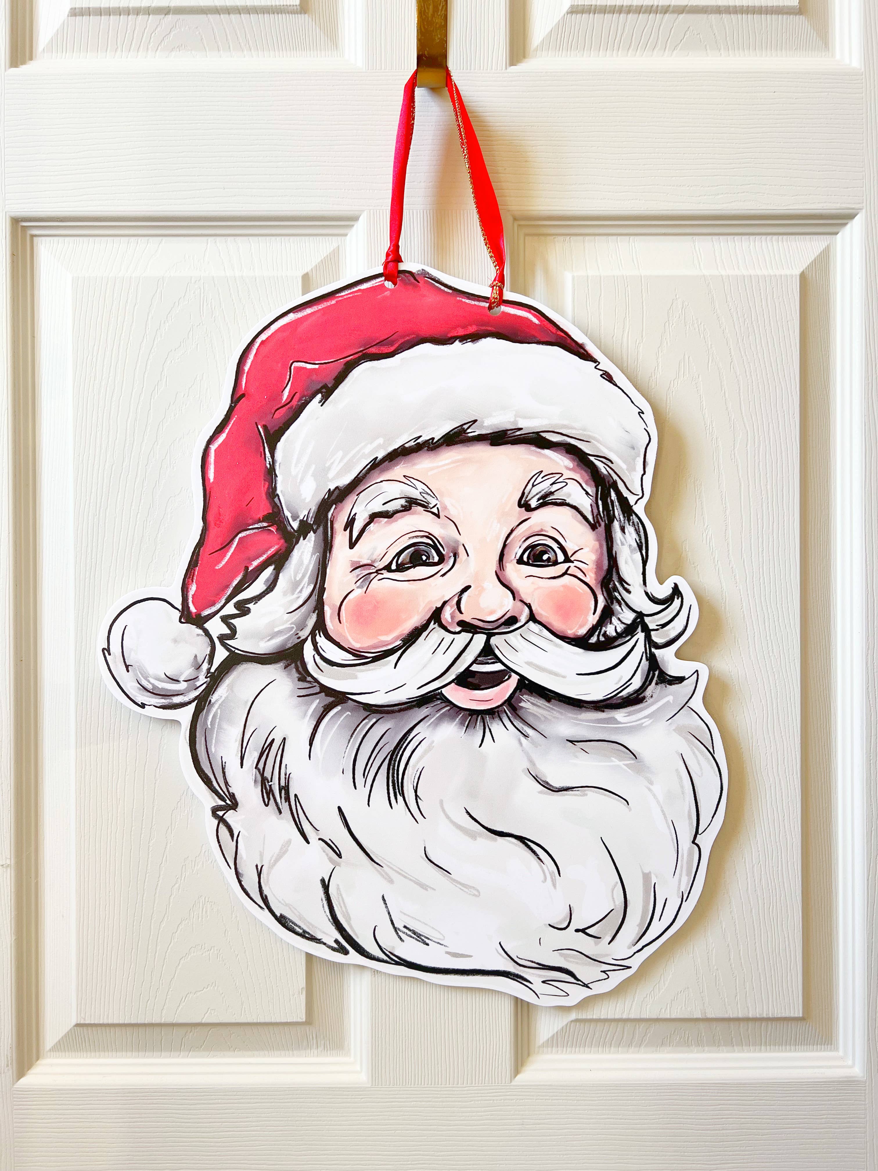 Vintage Jolly Santa Door Hanger -Christmas Holiday Door Sign: Lighter Skin