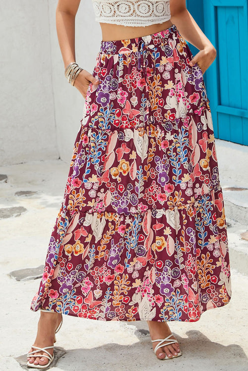 Jaylene ~ Multicolor Boho Floral Print High Waist Maxi Skirt