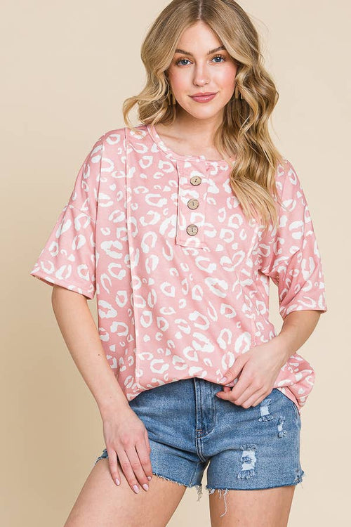 Pink Leopard Button Top