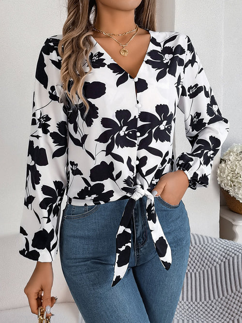 Printed V-Neck Long Sleeve Blouse ~ Online Only