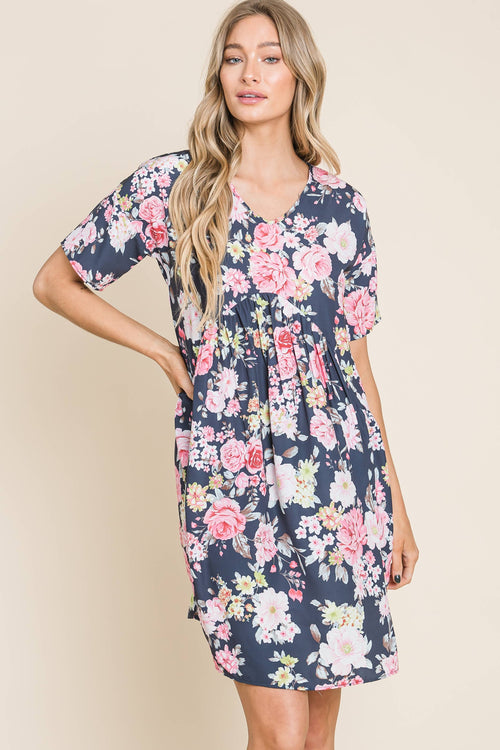 Shirred Bold Floral Swing Dress