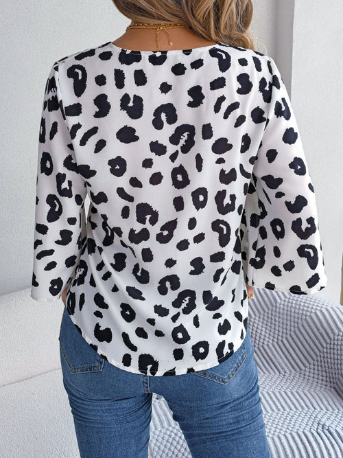 Tied Button Up Leopard V-Neck Blouse ~ Online Only