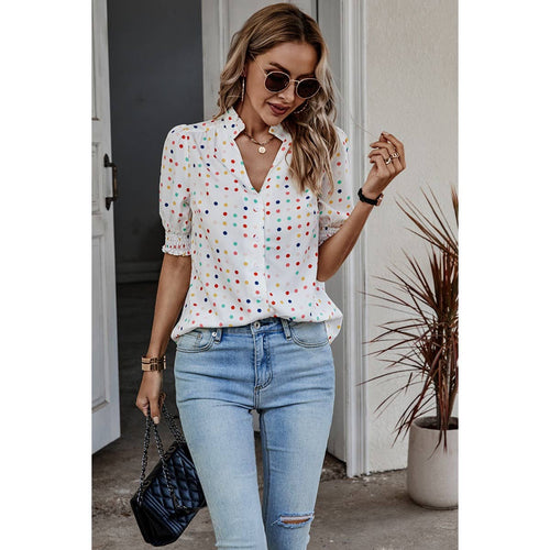 Leslie ~ Polka Dot Print Puff Sleeve Button Shirt