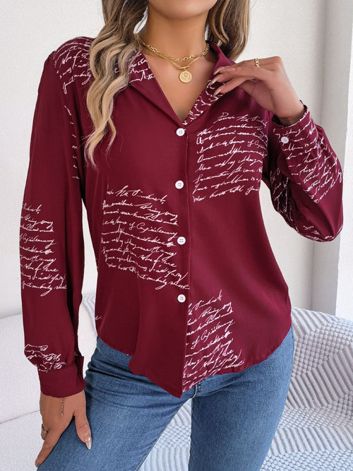 Letter Printed Button Up Long Sleeve Blouse ~ Online Only