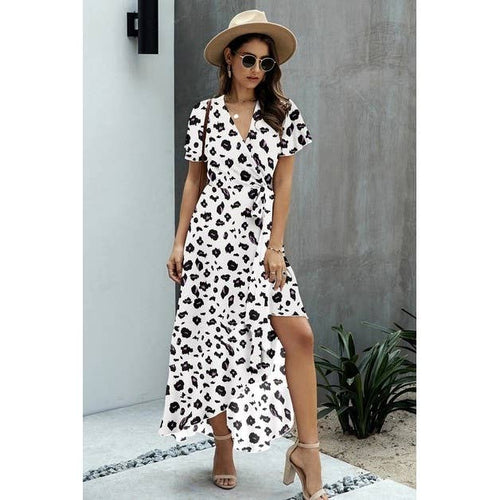 V Neck Print Waist Tie Dress