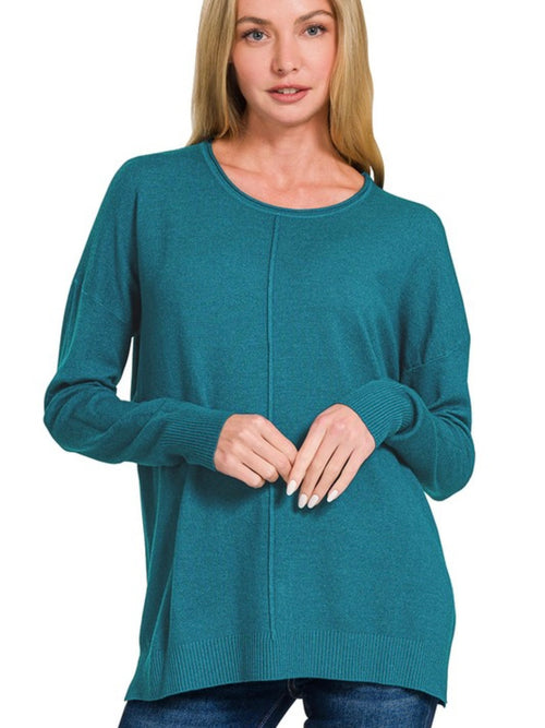 Jill~Round Neck Sweater-Heathered Ocean Teal