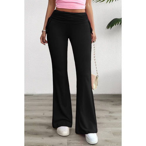 Alisha ~ Pleated Solid Waist Band Fit Pants: BLACK