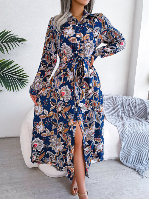 Tied Printed Long Sleeve Midi Dress ~ Online Only