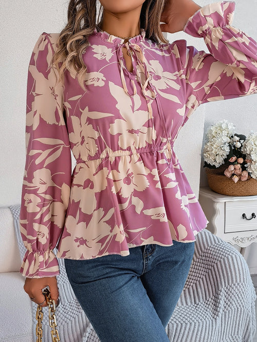 Printed Tie Neck Flounce Sleeve Blouse ~ Online Only