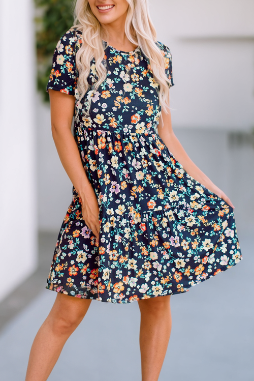 Kelsey ~ Short Sleeve A-line Floral Dress: Blue