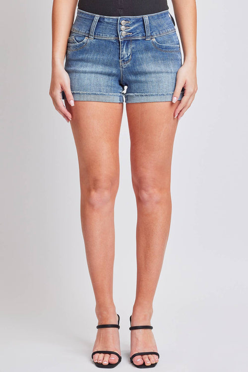 Junior WannaBettaButt 3 Button Cuffed Denim Shorts: Medium Wash