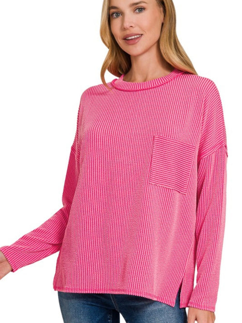 Daisy ~ Ribbed Drop Shoulder Top - Fuchsia