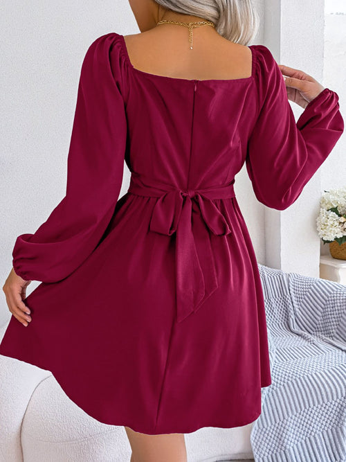 Tied Square Neck Balloon Sleeve Dress ~ Online Only