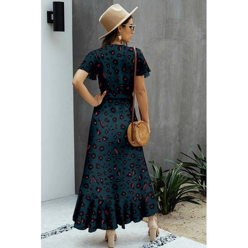 V Neck Print Waist Tie Dress