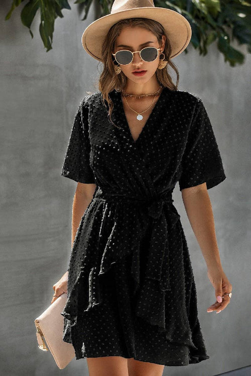 V Neck Ruffled Hem Wrap Dresses