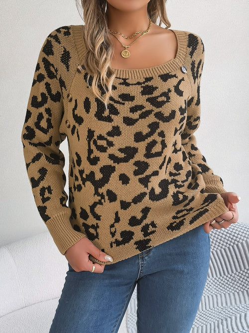 Leopard Buttoned Square Neck Sweater ~ Online Only