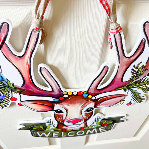 Holiday Deer Welcome Door Hanger-Christmas Rudolph Decor