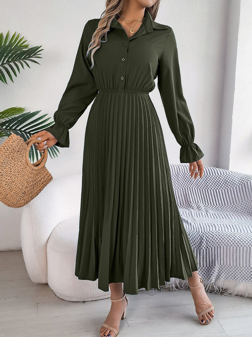 Pleated Half Button Long Sleeve Midi Dress ~ Online Only