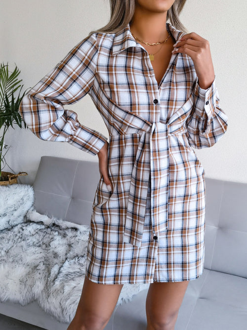 Tied Plaid Long Sleeve Mini Shirt Dress ~ Online Only