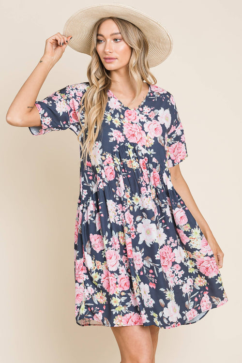 Shirred Bold Floral Swing Dress