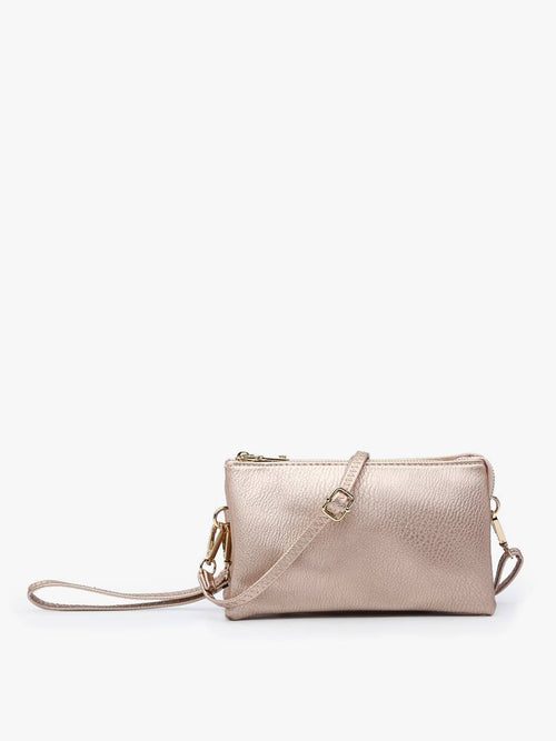 Riley Plain Metallic 3 Compartment Crossbody/Wristlet: Rose Gold