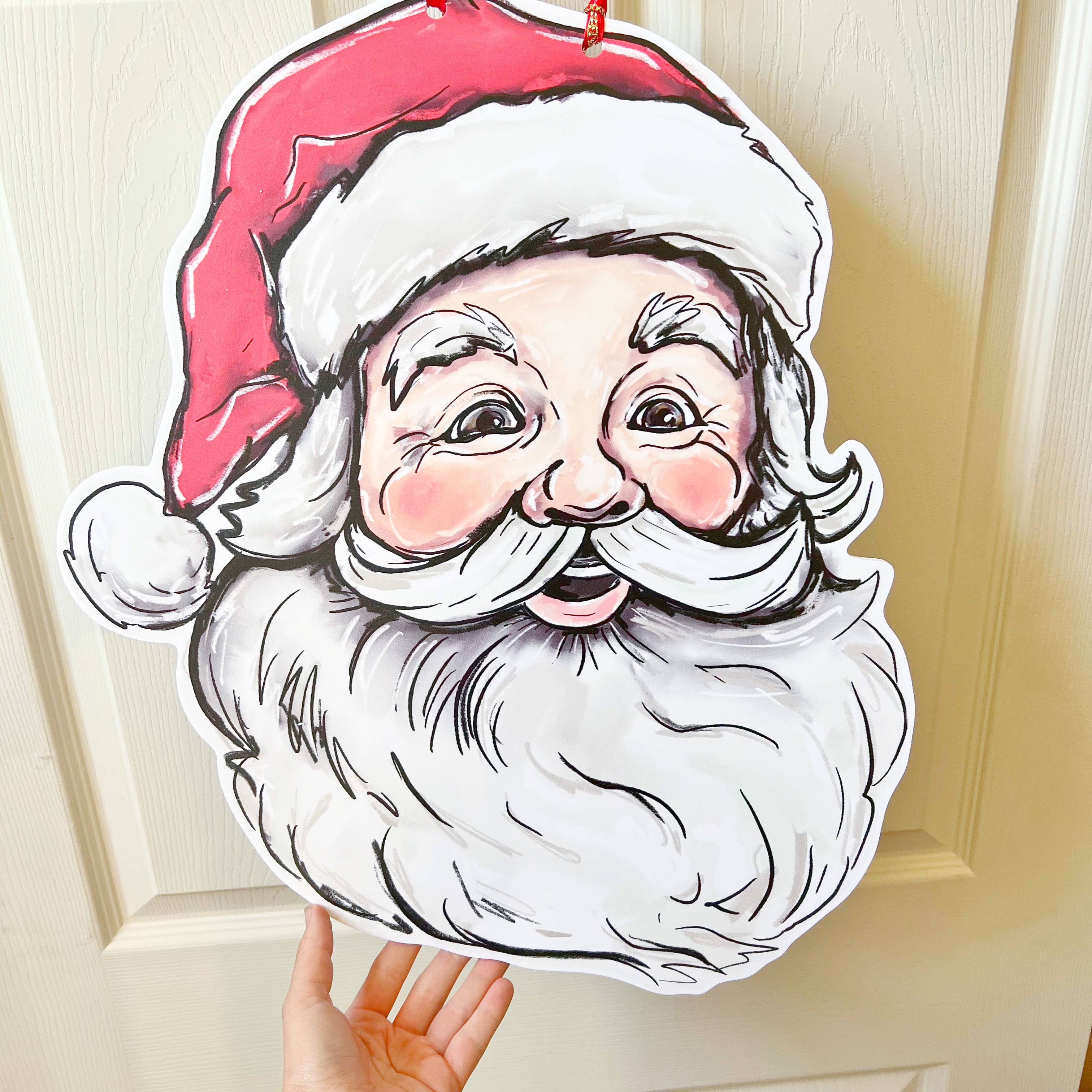 Vintage Jolly Santa Door Hanger -Christmas Holiday Door Sign: Lighter Skin