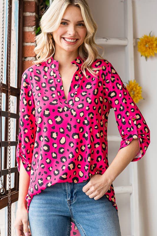 Leopard Animal Print  Rolled Button Sleeve Top ~ Fuchsia
