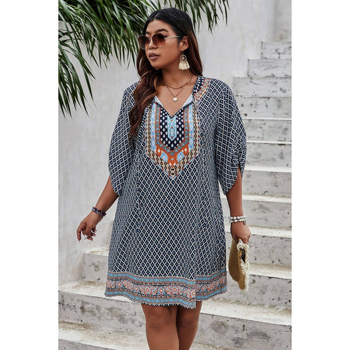 Molly ~ Plus Size V Neck Printed Loose Fit Midi Dress