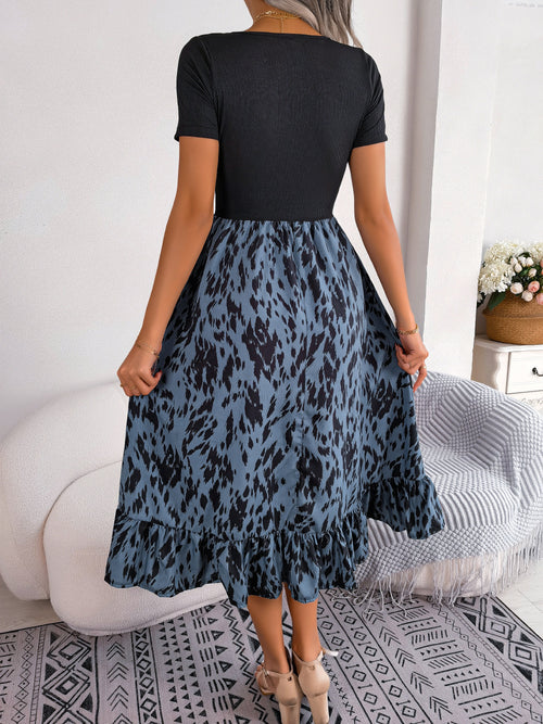 Printed Round Neck Ruffle Hem Dress ~ Online Only