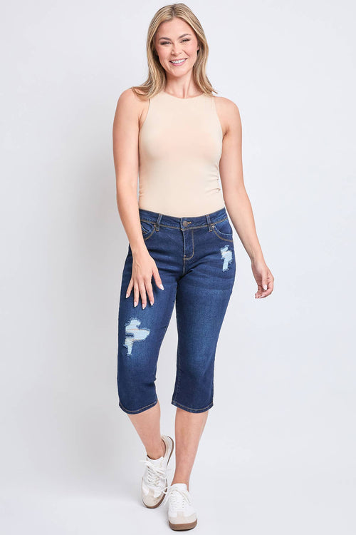 Missy WannaBettaButt 3-Button Side Slit Hem Capri: Ripped Dark Indigo