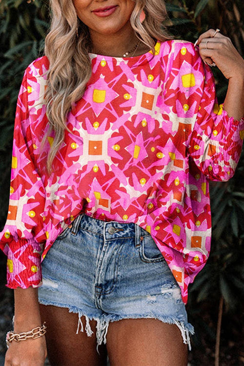 Geometric Shirred 3/4 Sleeve Blouse