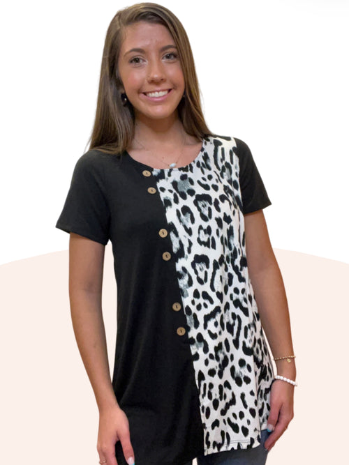 Leslie ~ Basic Short Sleeve Top with Half Animal Print