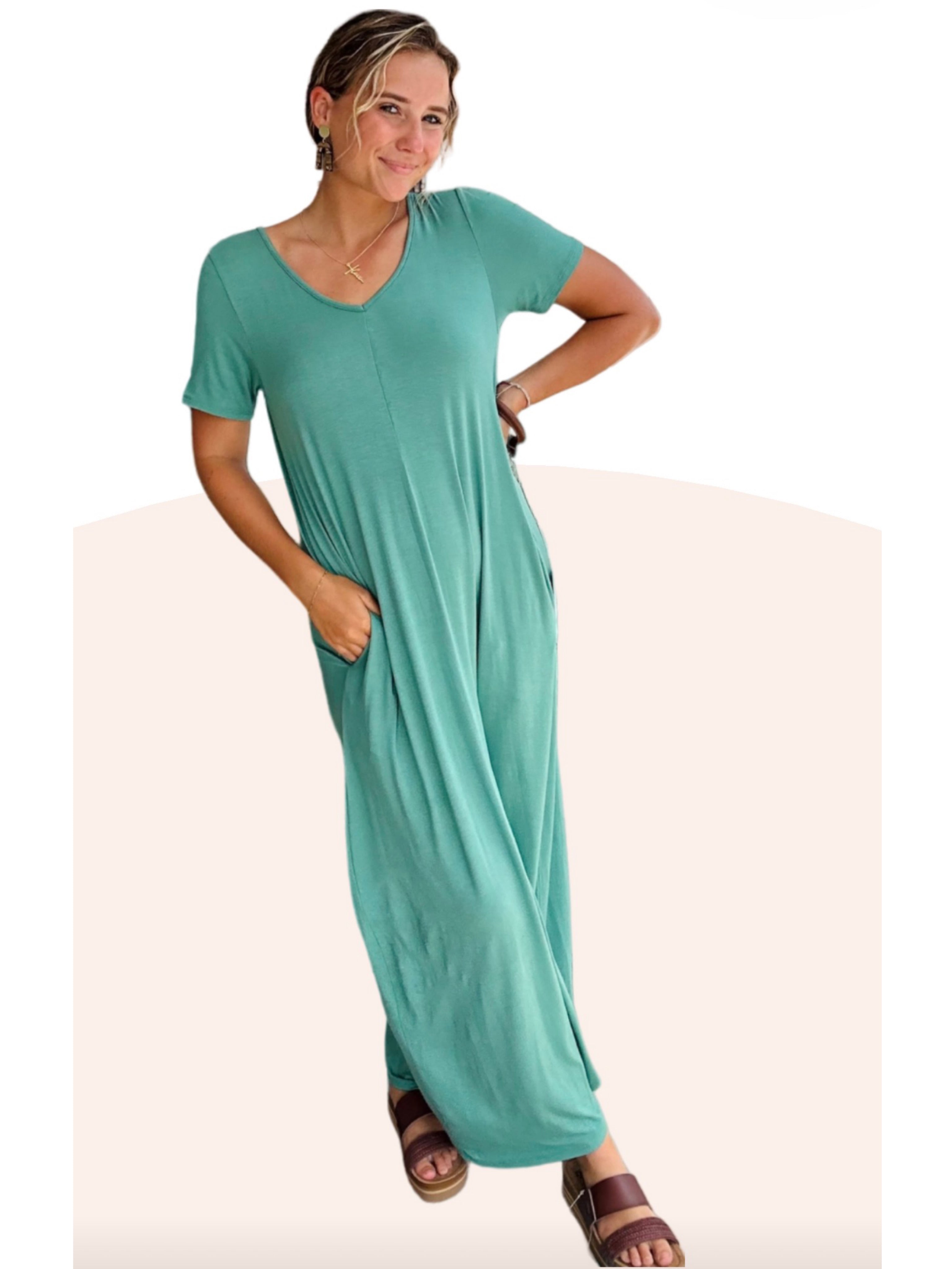 Kyleigh ~ Basic Short Sleeve V Neck Maxi Dress W Pockets - Dusty Green