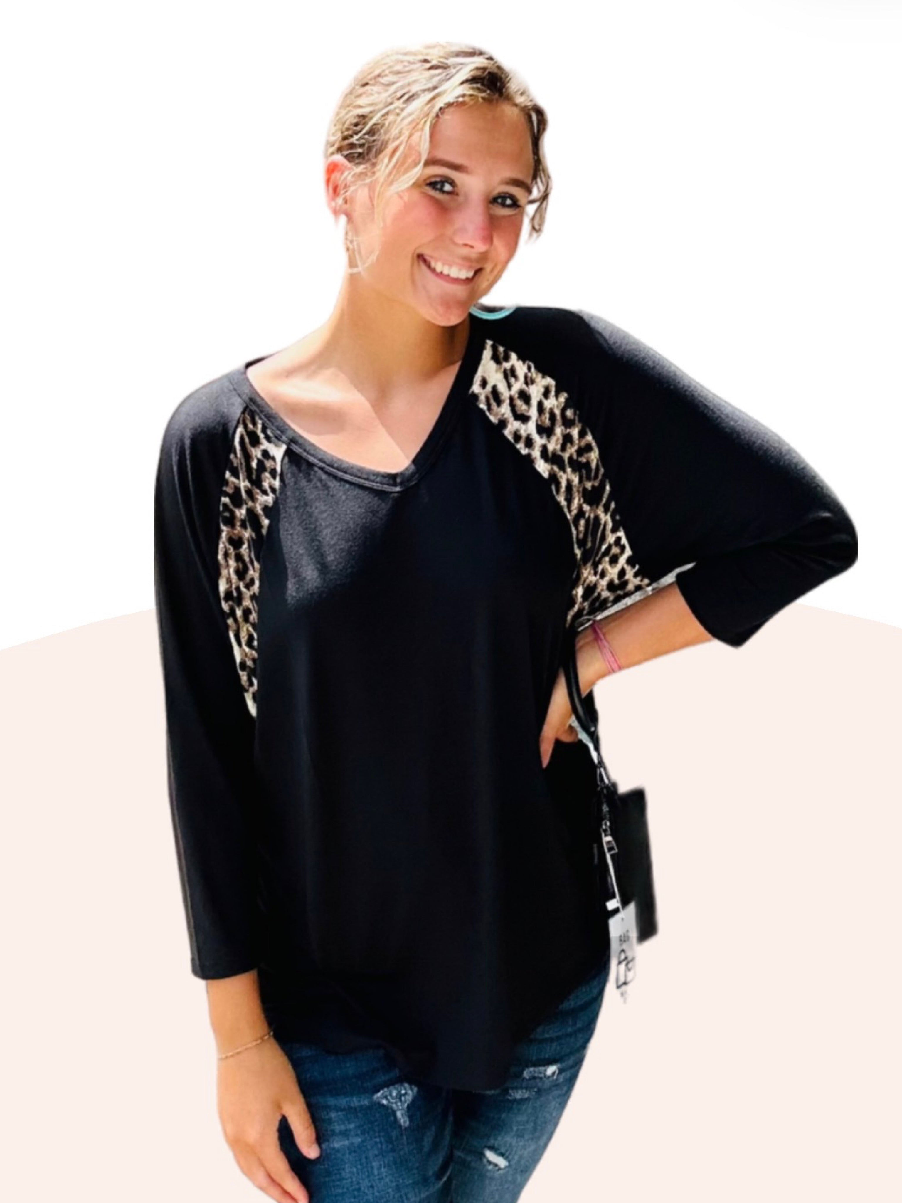 Wrenlee ~ 3/4  Sleeve Top with Leopard Detailing